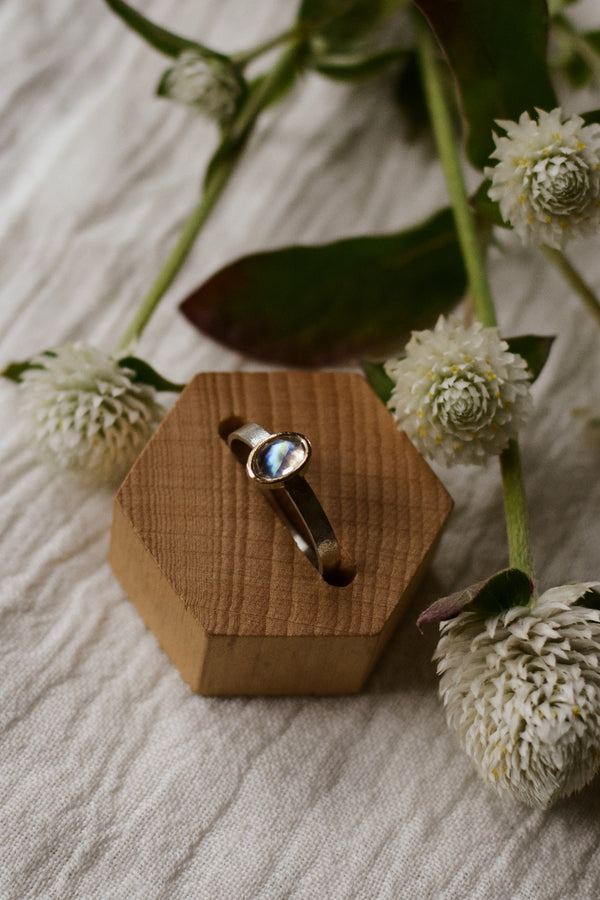 Rainbow Moonstone Ring 10K Gold + Sterling Silver